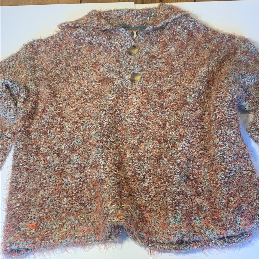 Free People Stellar Knit Pullover Sweater‎ EUC Med Blue Green Brown Eyelash Knit - Picture 15 of 16